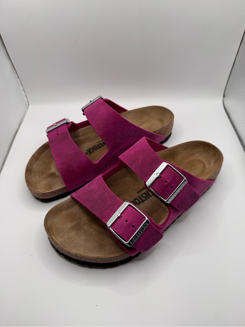 Birkenstock Arizona Festival Fuchsia Leather Double-Buckle Slides 37